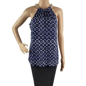 Michael Michael Kors Chain Strap Halter Top Blue White Print Size M